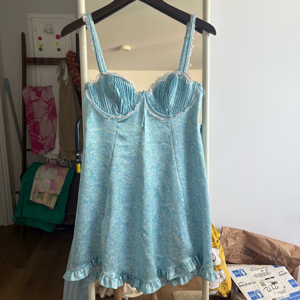 For Love & Lemons Light Blue Lace-Trim Slip Dress